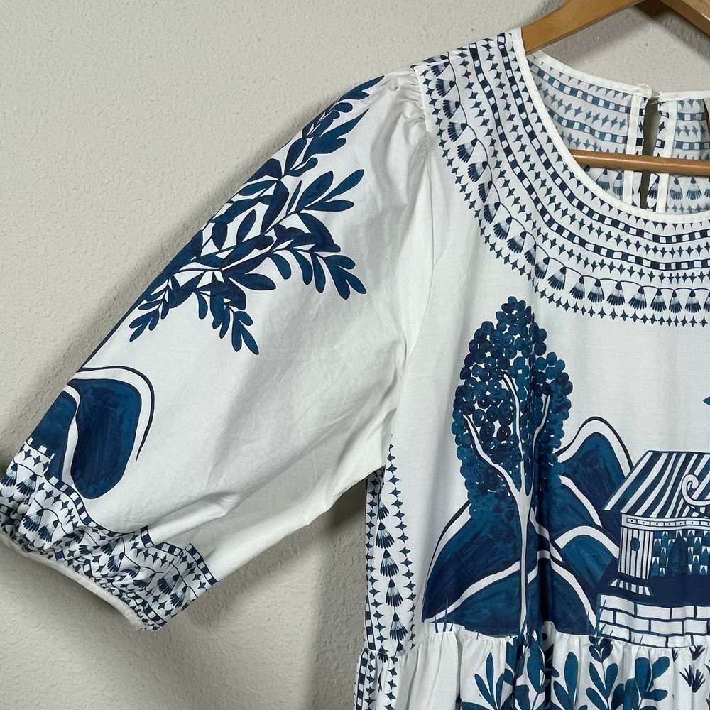 Farm Rio Resort Boho Chinoiserie Midi Dress Women Size M Puff Sleeve Tiered - Picture 4 of 10